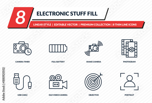 electronic stuff fill icons set - camera timer, full battery, shake camera, photogram, portrait outline vector collection.