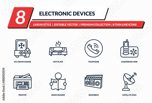 electronic devices icons set - ice cream maker, hot plate, telephone, answering hine, satellite dish outline vector collection.