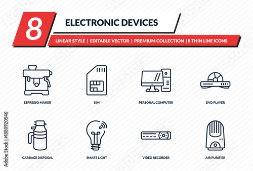 electronic devices icons set - espresso maker, sim, personal computer, dvd player, air purifier outline vector collection.