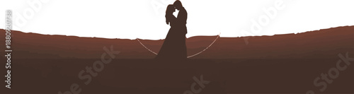 Silhouette of a deeply embracing couple standing against a dramatically lit orange sunset sky with a subtle white circular graphic overlay framing their romantic moment in minimalist outdoor scenery