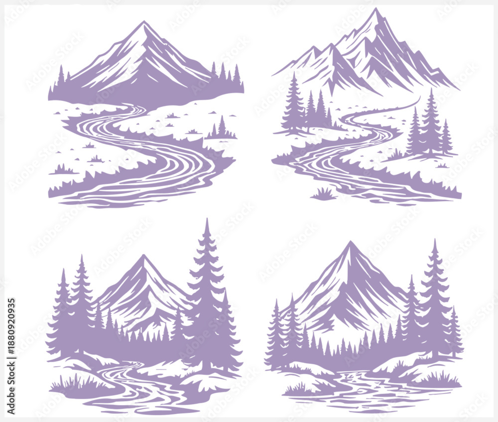 Obraz premium Mountain landscapes with trees and winding rivers in purple illustrations