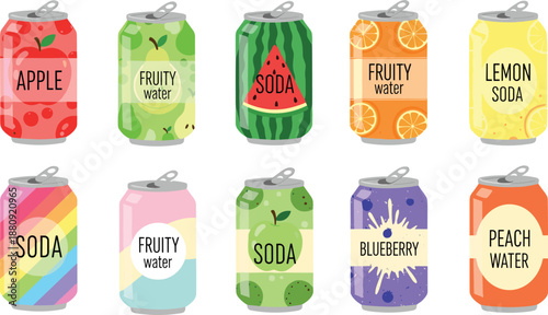 Colorful beverage can collection featuring fruit-themed soda and water packaging designs, ideal for branding, refreshment, and consumer product visuals.