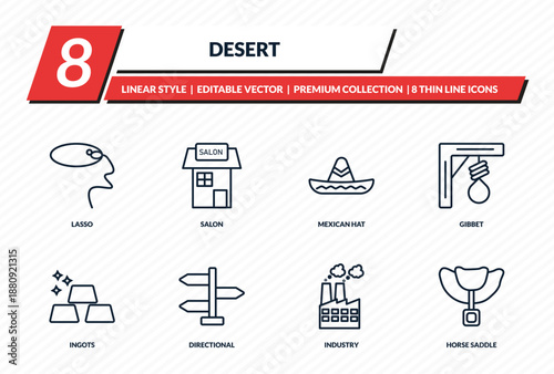 desert icons set - lasso, salon, mexican hat, gibbet, horse saddle outline vector collection.