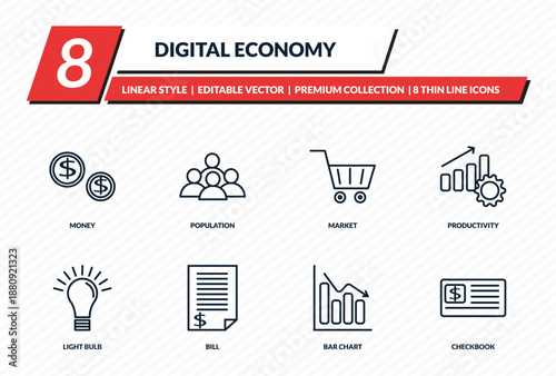 digital economy icons set - money, population, market, productivity, checkbook outline vector collection.