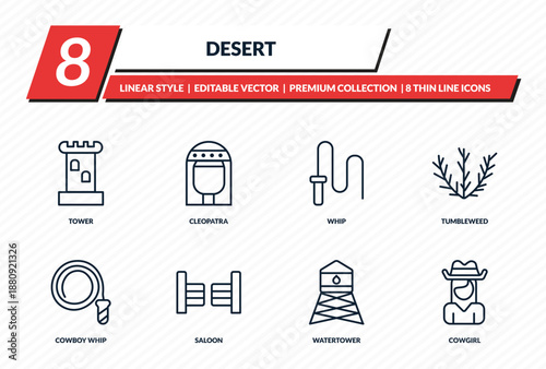 desert icons set - tower, cleopatra, whip, tumbleweed, cowgirl outline vector collection.