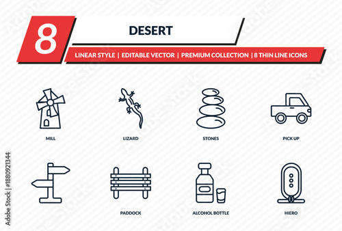 desert icons set - mill, lizard, stones, pick up, hiero outline vector collection.