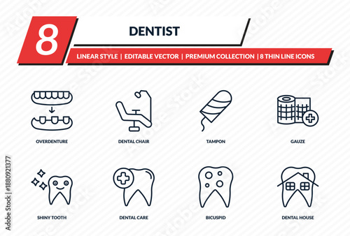 dentist icons set - overdenture, dental chair, tampon, gauze, dental house outline vector collection.