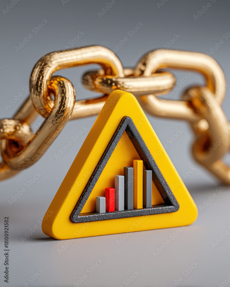 Naklejka premium Supply chain break symbol with bar chart and warning sign, crisis and risk analytics