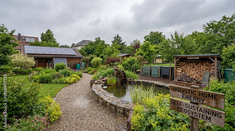 Fototapeta premium Self-Sustaining Backyard Garden with Solar Panels and Natural Ecosystem Pond