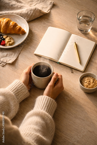 Cozy Coffee, Notebook and Slow Living Workspace. Mindful Morning Ritual.
