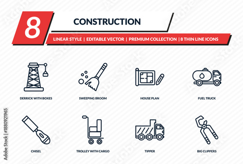 construction icons set - derrick with boxes, sweeping broom, house plan, fuel truck, big clippers outline vector collection.