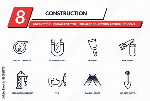 construction icons set - five meters ruler, inclined magnet, scraper, wood saw, inclined shovel outline vector collection.