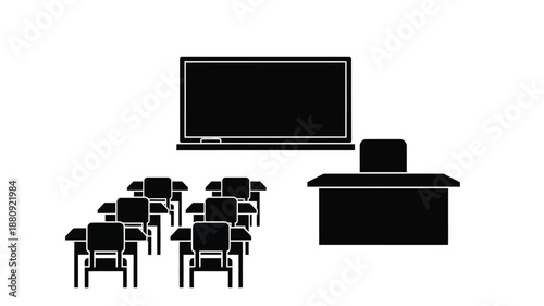 Classroom setup with desks a chalkboard and teacher s platform silhouette