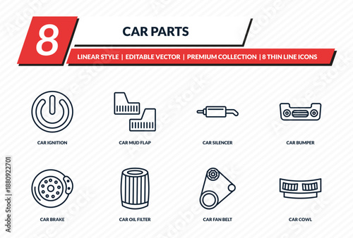 car parts icons set - car ignition, car mud flap, silencer, bumper, cowl outline vector collection.