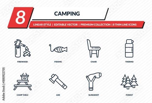 camping icons set - firewood, fishing, chair, thermo, forest outline vector collection.