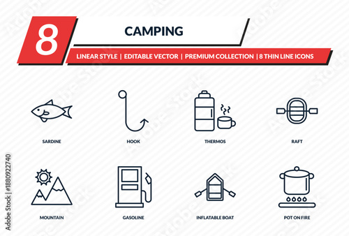 camping icons set - sardine, hook, thermos, raft, pot on fire outline vector collection.