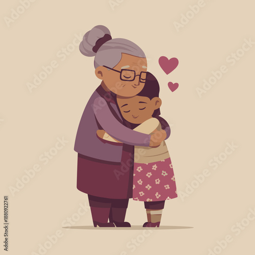 Elderly woman hugging young girl with hearts above, touching illustration representing family love, care, and warmth across generations