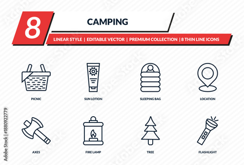 camping icons set - picnic, sun lotion, sleeping bag, location, flashlight outline vector collection.
