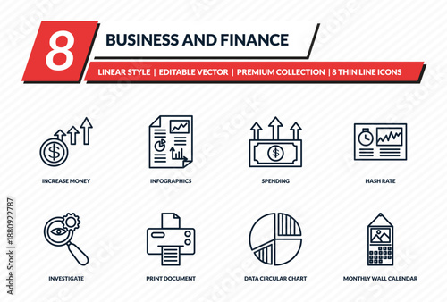 business and finance icons set - increase money, infographics, spending, hash rate, monthly wall calendar outline vector collection.