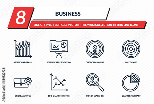 business icons set - ascendant graph, statistics presentation, one dollar coins, maze game, quarter pie chart outline vector collection.