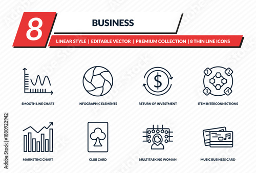 business icons set - smooth line chart, infographic elements, return of investment, item interconnections, music business card outline vector collection.