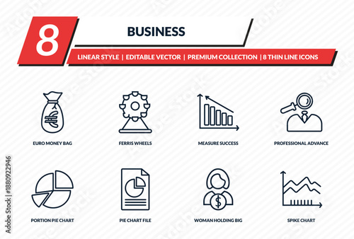 business icons set - euro money bag, ferris wheels, measure success, professional advance, spike chart outline vector collection.