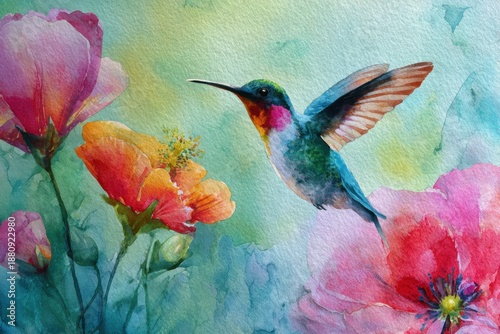 Vibrant Hummingbird: A Watercolor Dance of Nature's Delicate Beauty