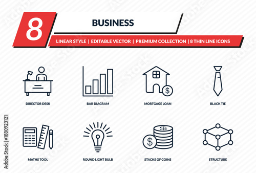 business icons set - director desk, bar diagram, mortgage loan, black tie, structure outline vector collection.