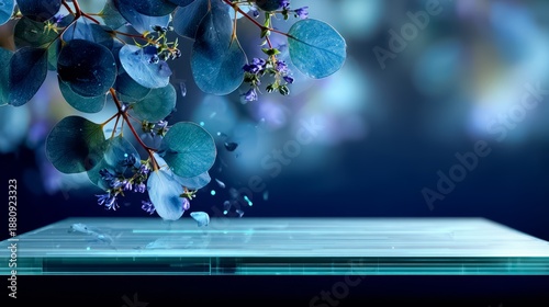 Blue leafy plant with a blue background. The background is blurry and the leaves are falling