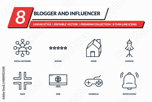blogger and influencer icons set - social network, rating, home, fashion, notification outline vector collection.