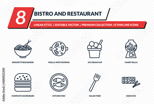 bistro and restaurant icons set - spaghetti bolognese, paella with parwns, ice cream cup, candy balls, sushi mix outline vector collection.