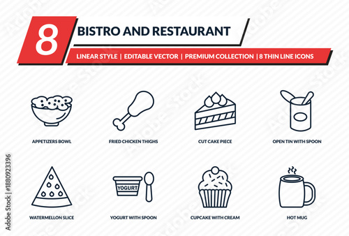 bistro and restaurant icons set - appetizers bowl, fried chicken thighs, cut cake piece, open tin with spoon, hot mug outline vector collection.
