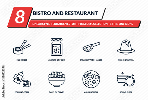 bistro and restaurant icons set - sushi piece, jar full of food, strainer with handle, creme caramel, round plate outline vector collection.