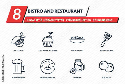 bistro and restaurant icons set - half lemon, cupcake with cherry, nachos plate, spatula utensil, pita bread outline vector collection.