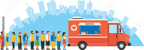 Community service truck with heart symbol serving diverse people in urban setting, representing outreach, social support, and public aid distribution
