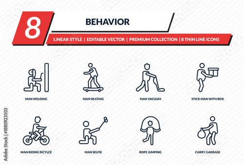 behavior icons set - man welding, man skating, man vacuum, stick with box, carry garbage outline vector collection.