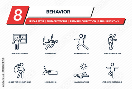 behavior icons set - window cleaning, man falling, man warming up, stick man dancing, stick excersicing outline vector collection.