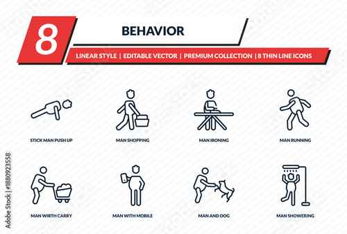behavior icons set - stick man push up, man shopping, man ironing, running, showering outline vector collection.