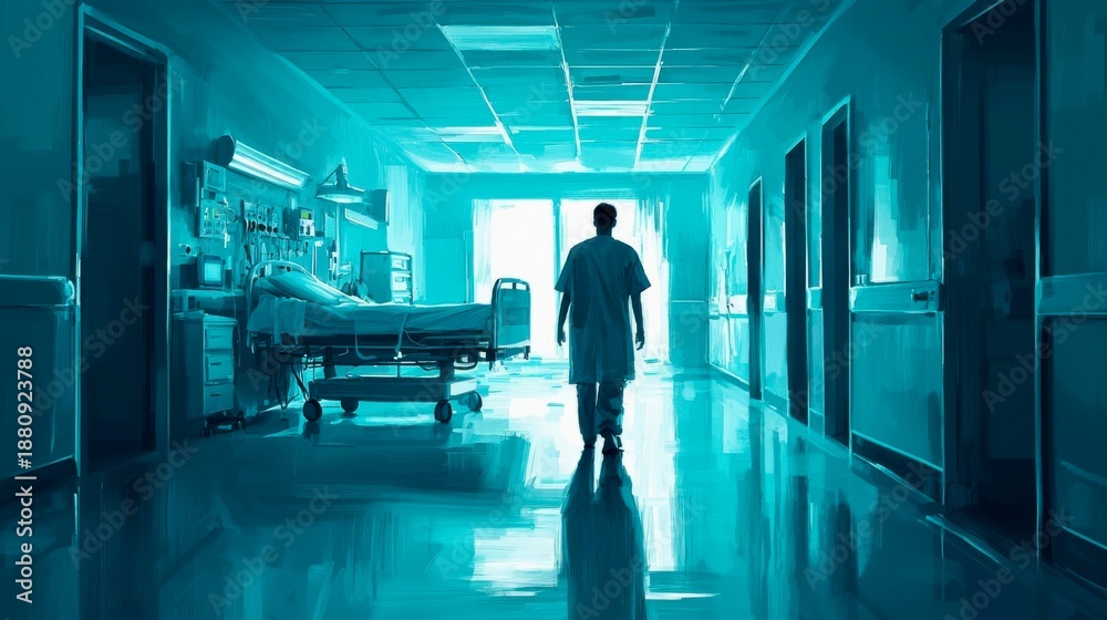 Fototapeta premium Hospital corridor with a medical professional walking towards a patient room in a healthcare setting during a clinical visit