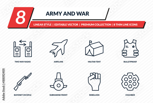 army and war icons set - two way radio, airplane, militar tent, bulletproof, chamber outline vector collection.