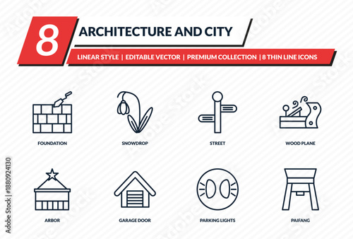 architecture and city icons set - foundation, snowdrop, street, wood plane, paifang outline vector collection.