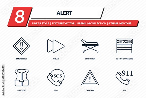 alert icons set - emergency, ahead, stretcher, do not cross line, 911 outline vector collection.