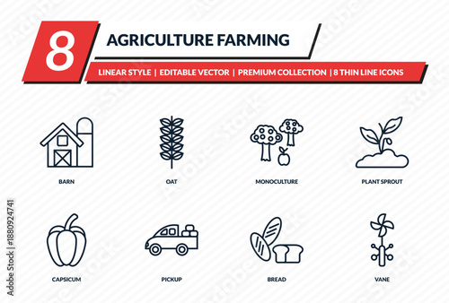 agriculture farming icons set - barn, oat, monoculture, plant sprout, vane outline vector collection.