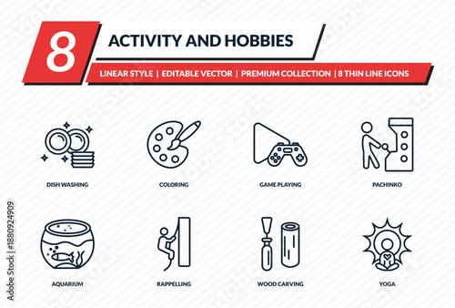activity and hobbies icons set - dish washing, coloring, game playing, pachinko, yoga outline vector collection.