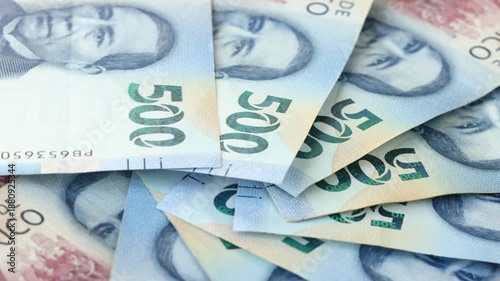 Mexico money rotating, Lot of 500 Mexican pesos banknotes, Concept of financial success, lottery or big win