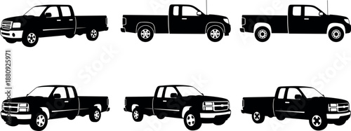Black Silhouette Set of Modern Pickup Trucks and 4x4 Offroad Vehicles Isolated on White Background for Transportation Design and Icons