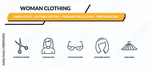 woman clothing icons set - scissors inverted view, curling hair, cat eyes glasses, shoulder length, long dress outline vector collection.