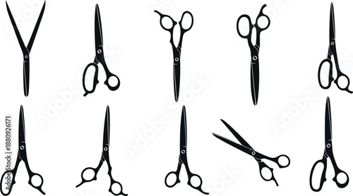 Black Silhouette Set of Professional Hairdressing Scissors and Barber Shears Collection for Hair Salon Styling Cutting Tools Vector Illustration Isolated