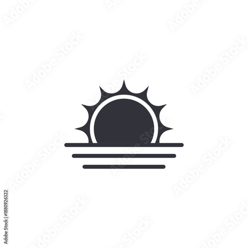 Sunrise icon over horizon with radiant sunlight, symbolizing morning weather forecast, clear sky, new day beginning, and peaceful atmosphere.