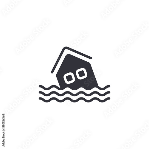 Flooded house icon with water waves surrounding building, representing natural disaster, rising water level, climate crisis, and evacuation warning.
